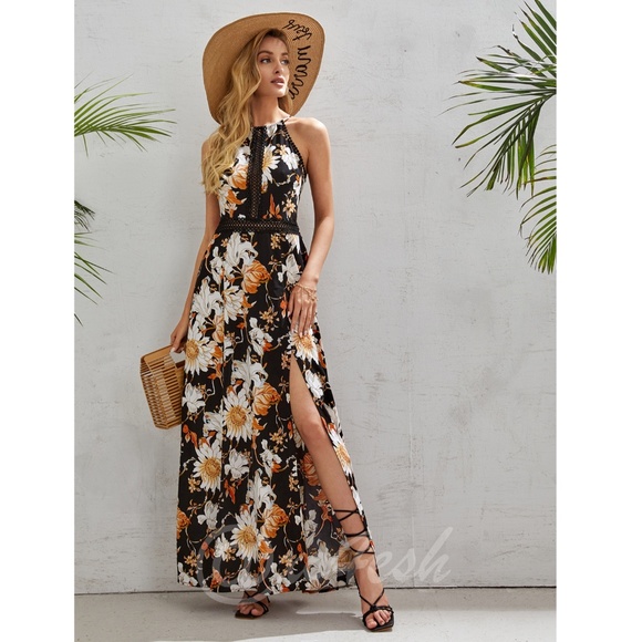 Maxi Floral Dress Black Halter Neck Open Back - Picture 5 of 8